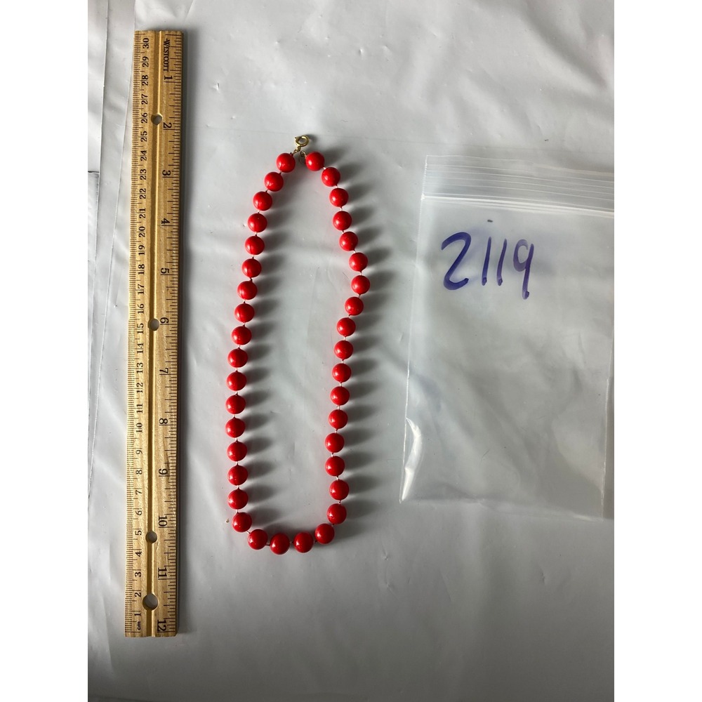 Vintage Red Beaded Necklace Round Plastic Beads Matinee Length Retro‎ Jewelry